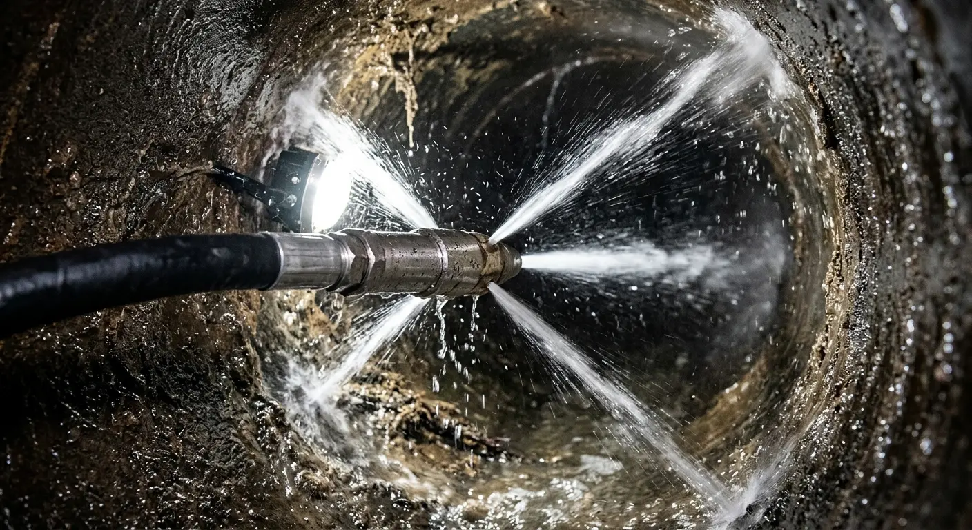 High-pressure hydro jetting nozzle cleaning sewer pipe for Trenchless Sewer Repair in Prior Lake