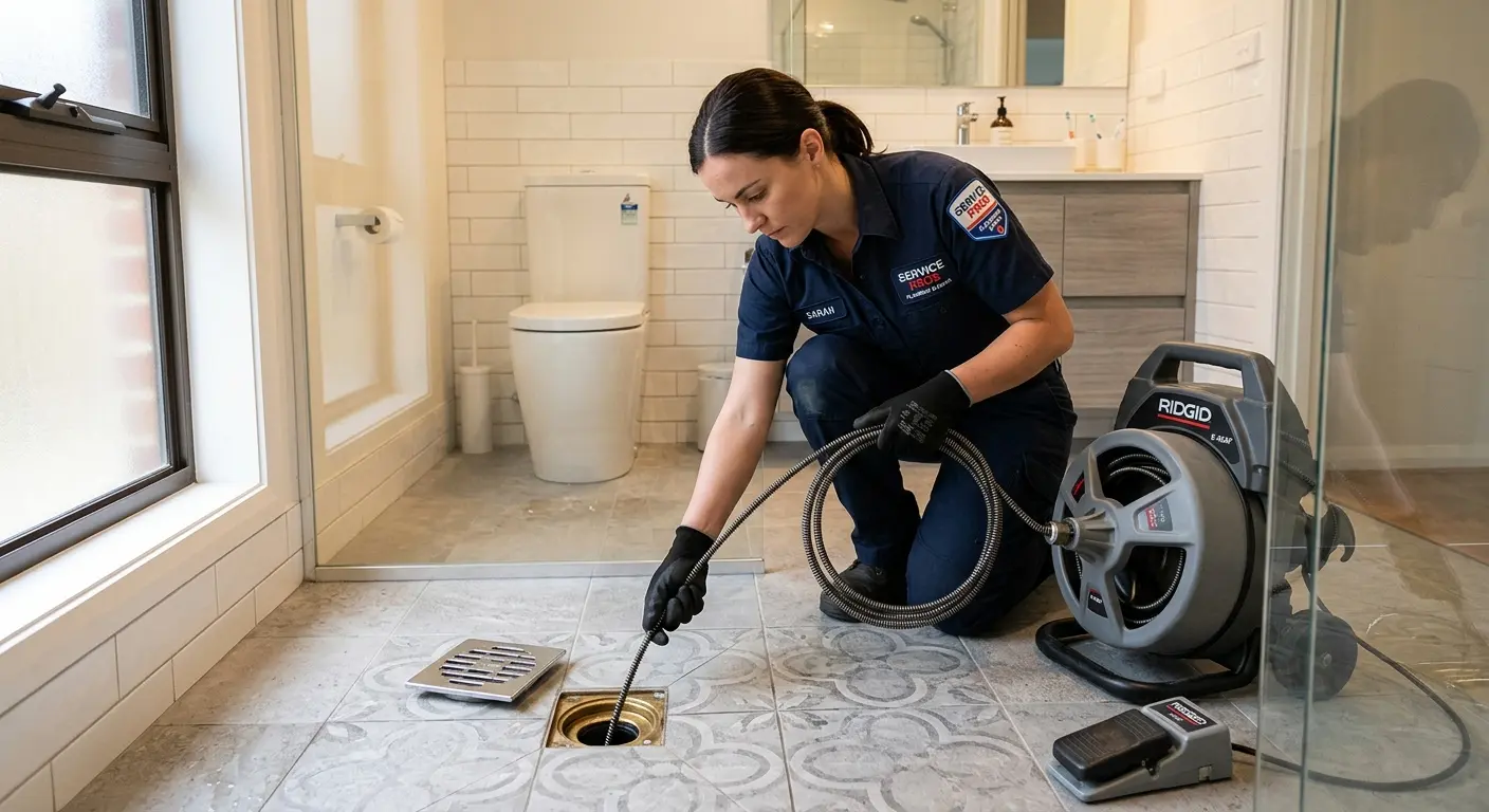 Technician clearing a bathroom floor drain for Drain Cleaning in Prior Lake
